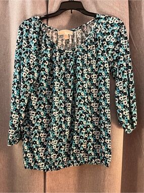 MICHAEL Michael Kors Teal Black and White Floral Scoop Neck Blouse